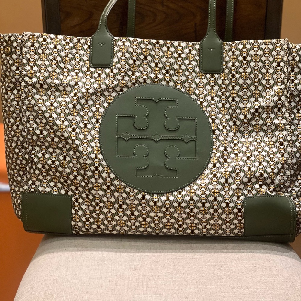 Large Nylon Tory Burch Geometric Green and Brown Tote
